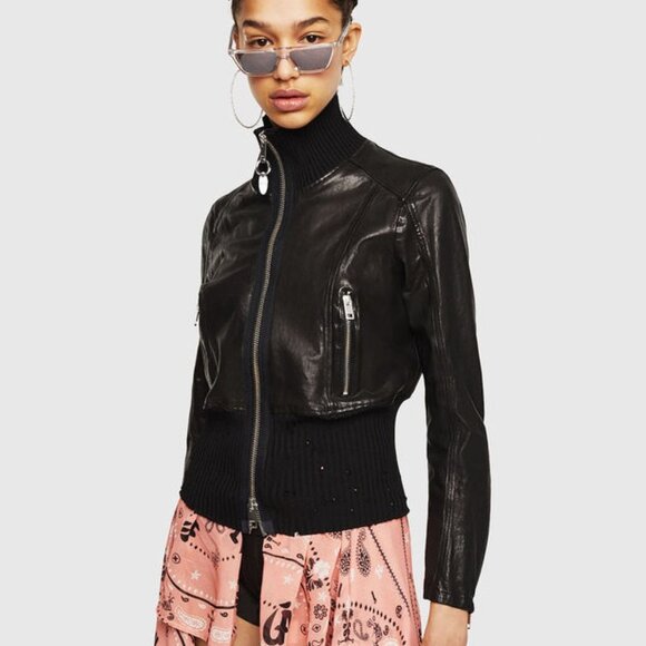 BNWT Diesel L-Lys-B Jacket Leather Jacket Distressed SZ XXS BLACK Hi Neck - Picture 8 of 11